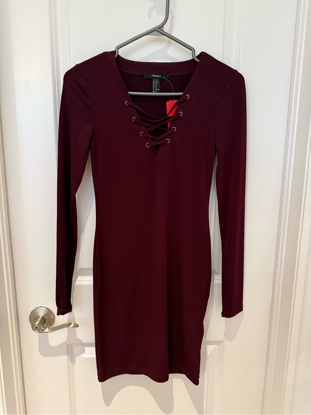 Forever 21 Wine Lace-Up Long Sleeve Bodycon Dress